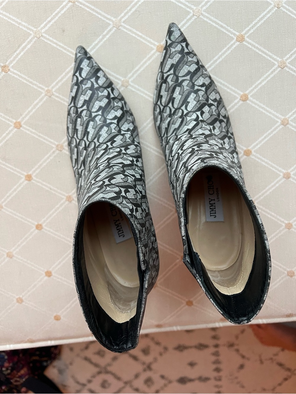 Jimmy Choo Silver & Black Monogram Glitter Kitten Heel Booties EU 36.5 / US 6.5 - Picture 5 of 8